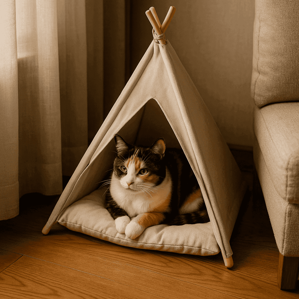 Calico Cat A calico cat nestled inside a small beige fabric tent in a cozy living room corner, bathed in soft natural light.