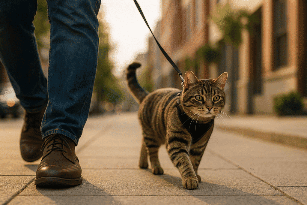 City Cat Going For A Walk A confident tabby cat wearing a harness walks beside its owner’s leather boots on a sunlit city sidewalk, framed by brick buildings in the background.