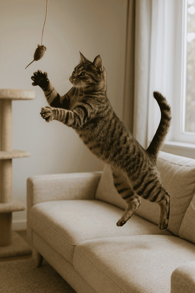 Flying Kitty A tabby cat mid-leap on a beige sofa, reaching enthusiastically for a dangling mouse toy in a sunlit living room.