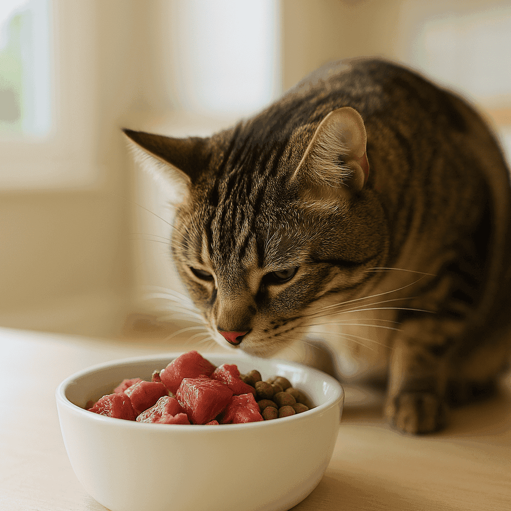 Fresh Chunks Of Meat For Kitty A tabby cat sniffing a white ceramic bowl filled with fresh meat chunks and premium kibble on a light wooden countertop in a sunlit kitchen.