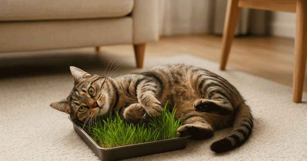 Henry Is On The Grass Henry, a domestic shorthair cat, rolling joyfully in a tray of lush green grass, basking in indoor sunlight in a cozy living room setting.