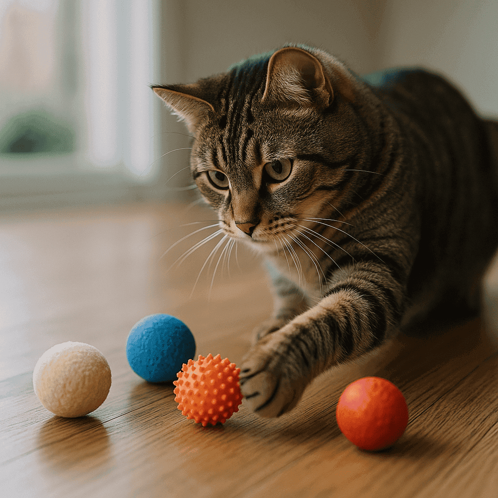 Kitty Loves Balls A focused tabby cat plays with a variety of textured and sized balls on a hardwood floor, enriching its environment with mental stimulation.