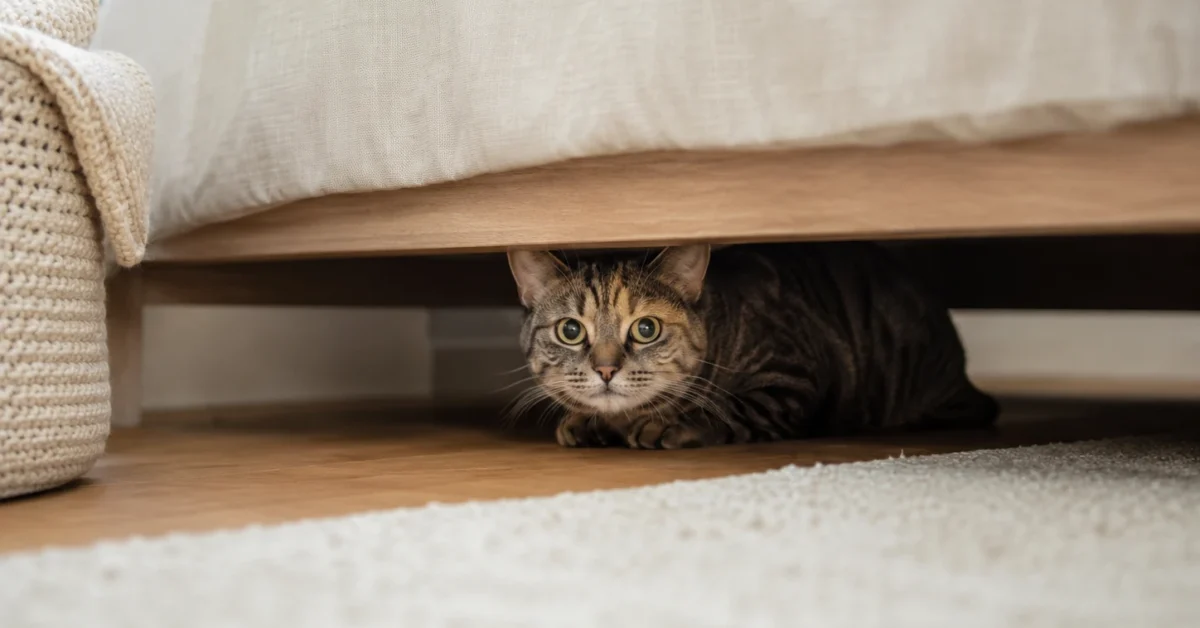 A cautious domestic cat hiding under a bed in a calm home.