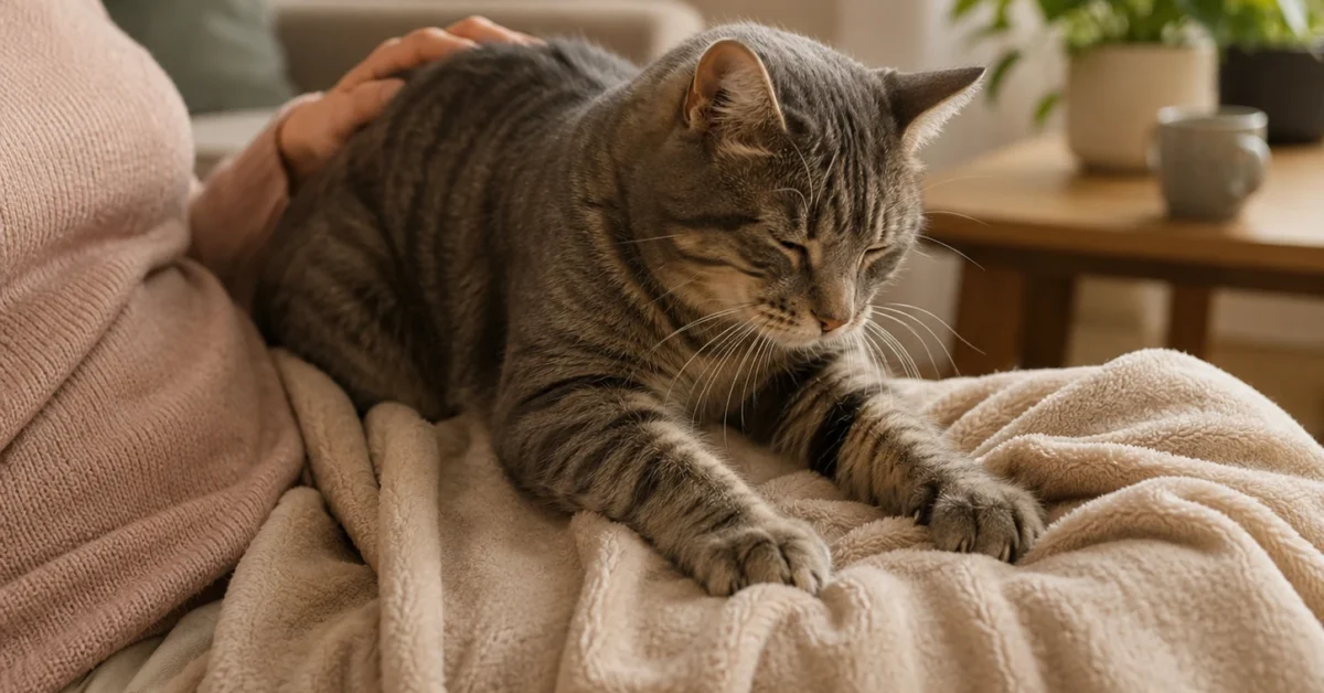 A calm cat kneading a soft blanket on its owner’s lap.