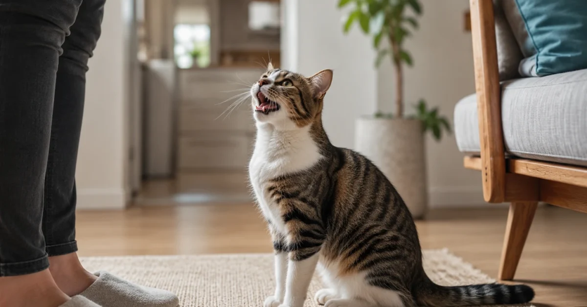 A domestic cat looking up and meowing at its owner in a cozy home setting