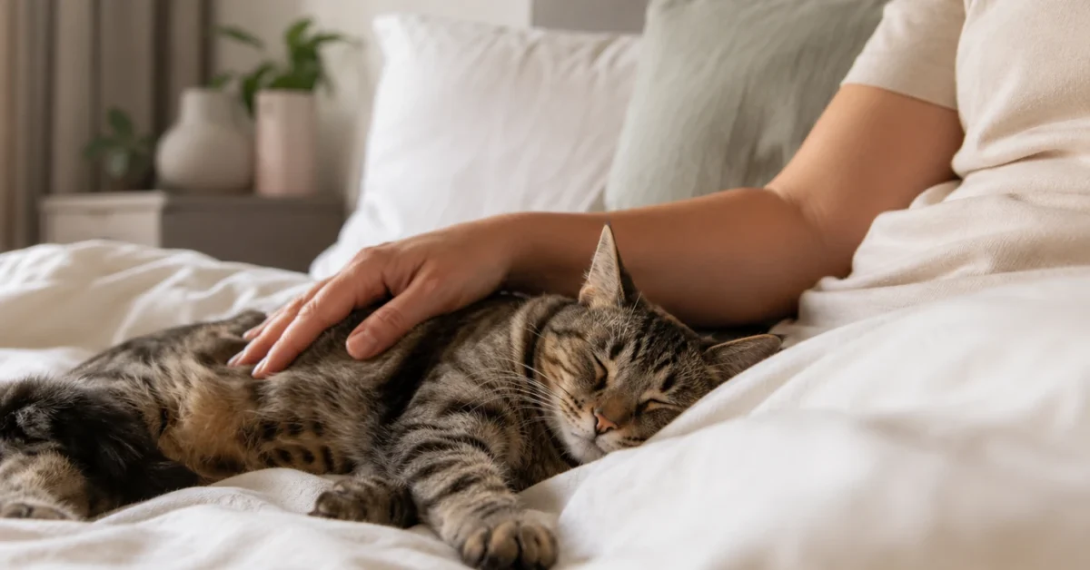 A calm domestic cat sleeping next to its owner on a bed.