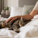 A calm domestic cat sleeping next to its owner on a bed.
