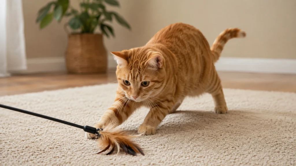 Ginger tabby cat playing with a wand toy on a warm neutral living-room rug