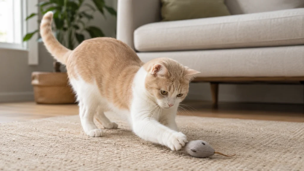Cream and white cat playing with a small toy on a warm neutral living-room rug
