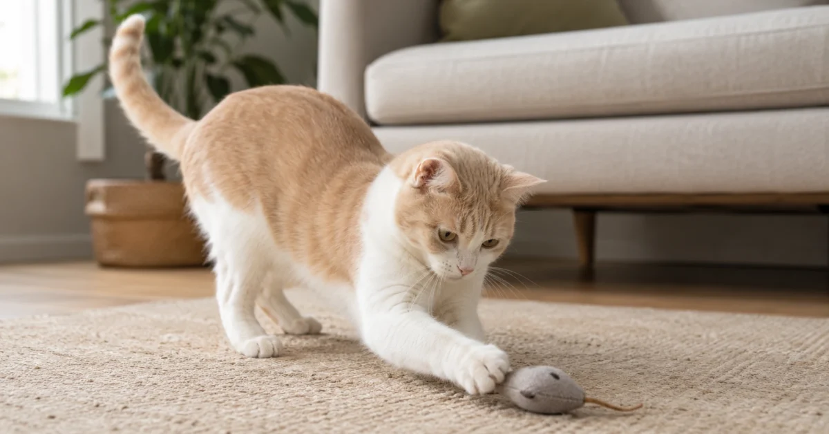 Cream and white cat playing with a small toy on a warm neutral living-room rug