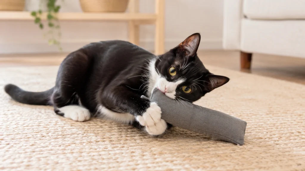 A playful black-and-white tuxedo cat holding a soft kicker toy on a warm neutral living-room rug.