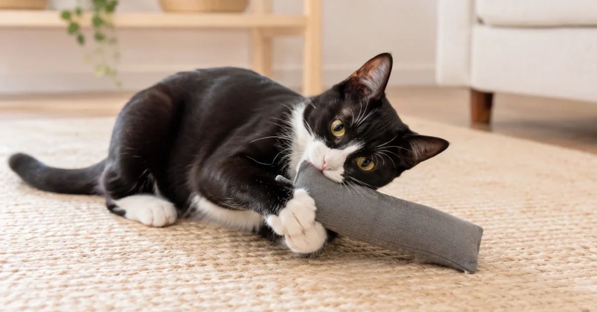 A playful black-and-white tuxedo cat holding a soft kicker toy on a warm neutral living-room rug.