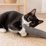 A playful black-and-white tuxedo cat holding a soft kicker toy on a warm neutral living-room rug.