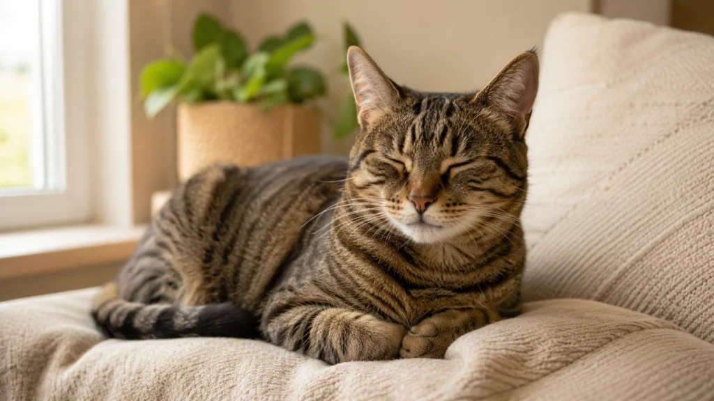 Relaxed brown tabby cat resting comfortably in a calm home setting