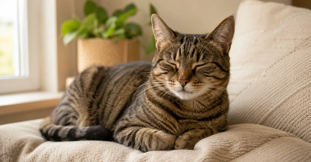 Relaxed brown tabby cat resting comfortably in a calm home setting