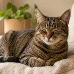 Relaxed brown tabby cat resting comfortably in a calm home setting
