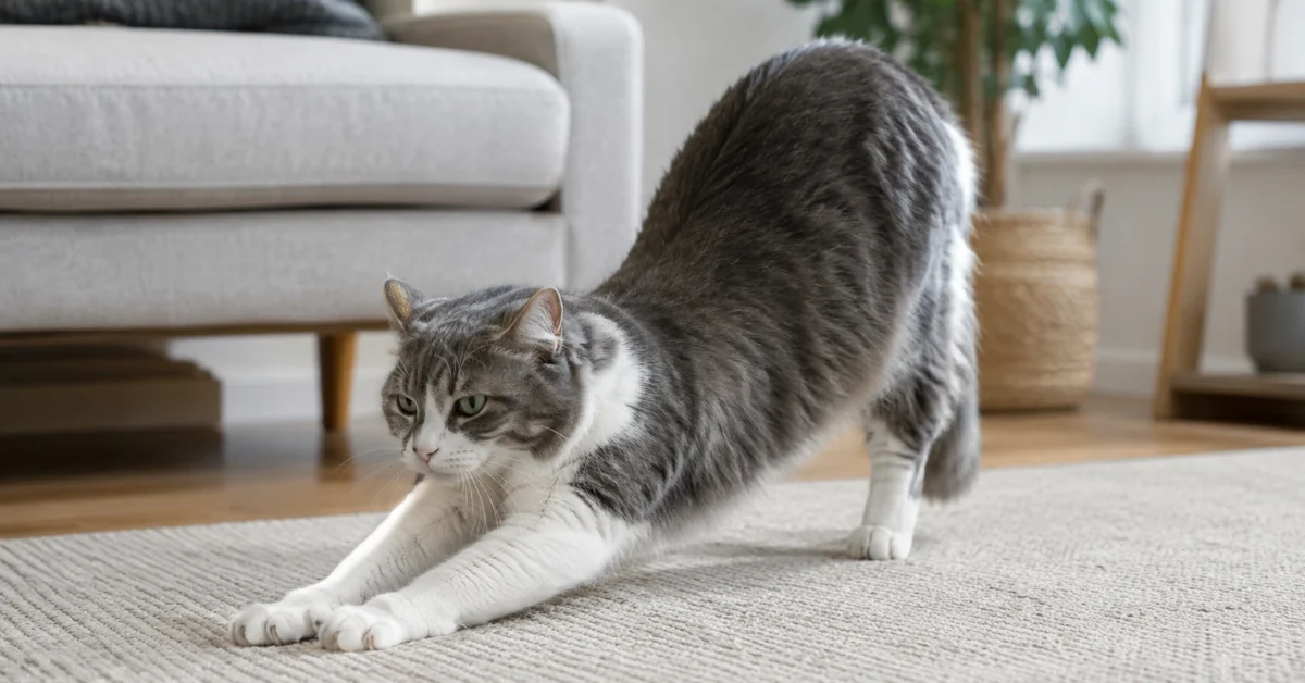 Cat arching its back on a soft rug in a calm home setting.