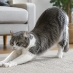 Cat arching its back on a soft rug in a calm home setting.