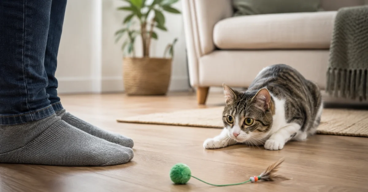 Cat crouching playfully near slippered feet with a toy nearby.