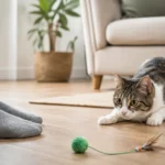 Cat crouching playfully near slippered feet with a toy nearby.