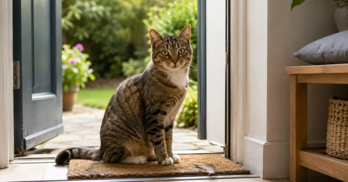 A domestic cat sitting near a doorway after returning from outside