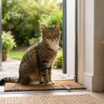 A domestic cat sitting near a doorway after returning from outside