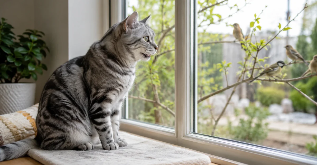 Cat watching birds from an indoor window perch.