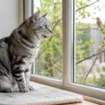 Cat watching birds from an indoor window perch.