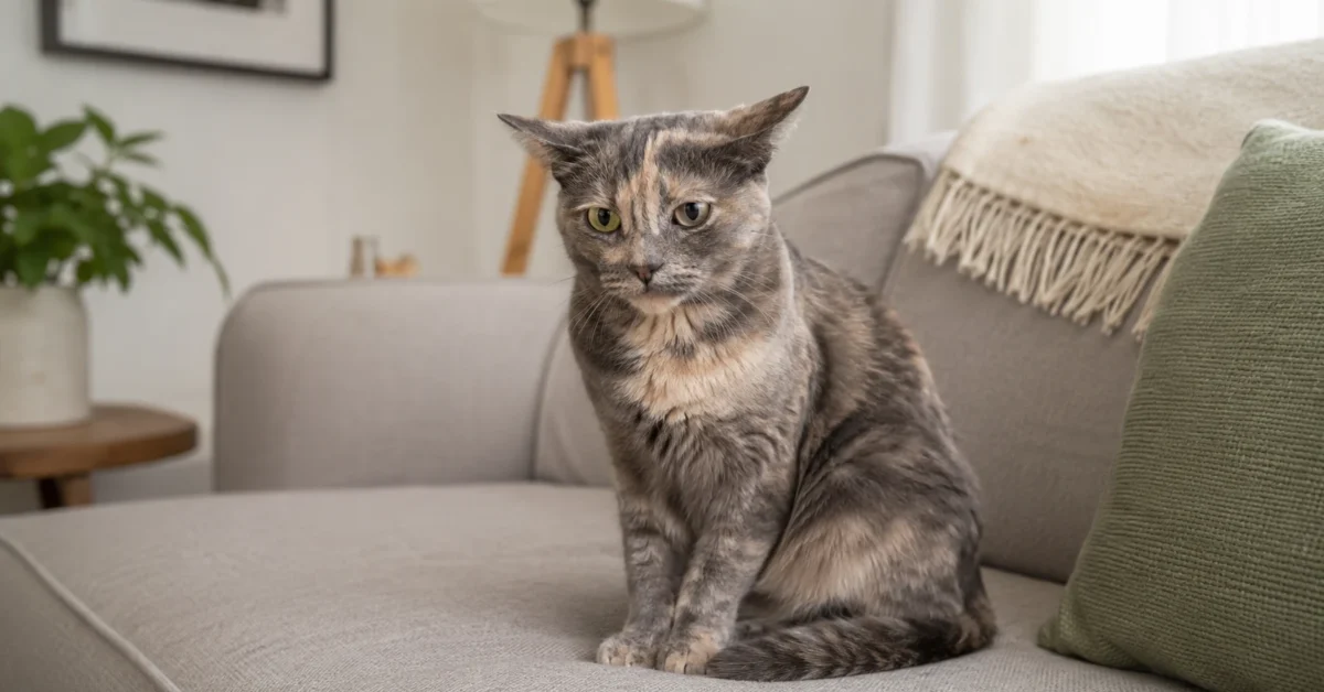 Cat with slightly flattened ears sitting on a sofa in a calm home setting.