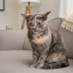 Cat with slightly flattened ears sitting on a sofa in a calm home setting.