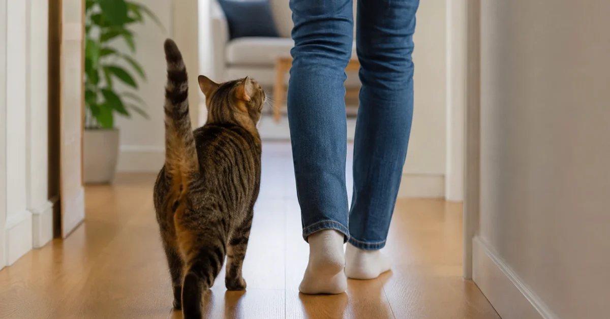 A cat walking closely behind its owner at home.