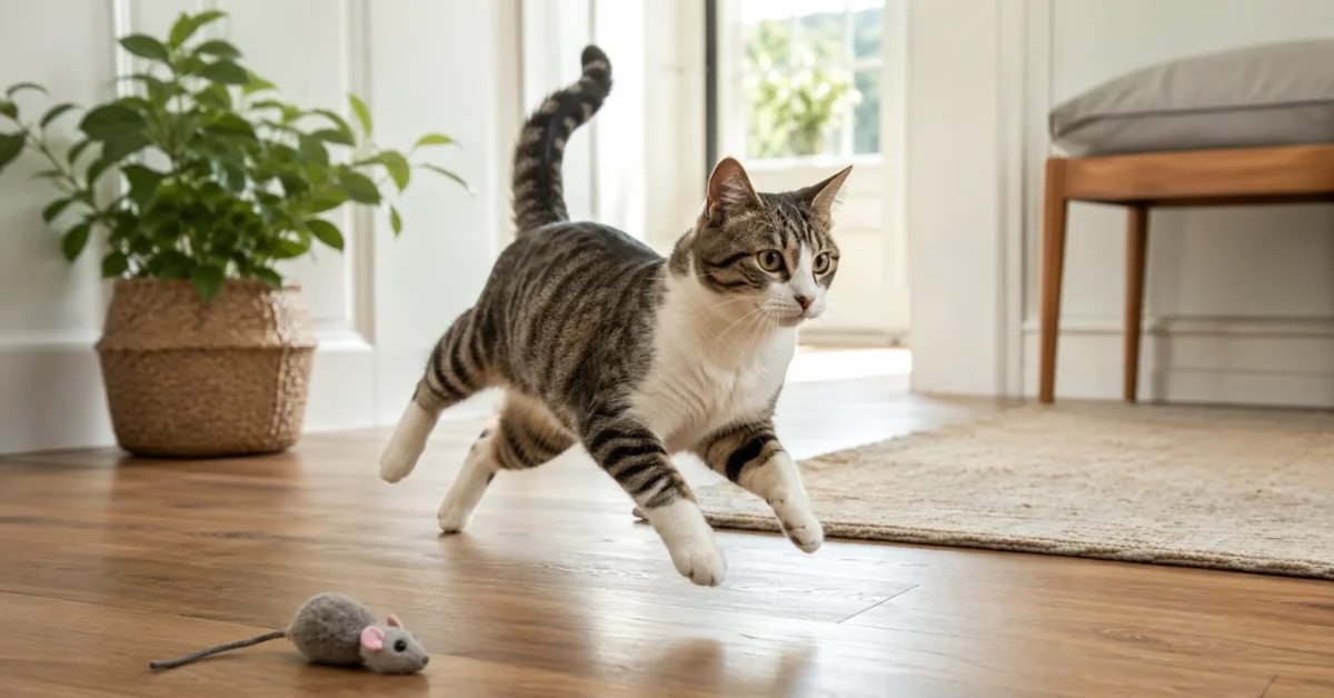 Cat in a tidy living room poised for a playful burst of energy.