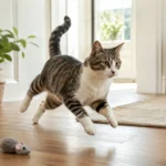 Cat in a tidy living room poised for a playful burst of energy.
