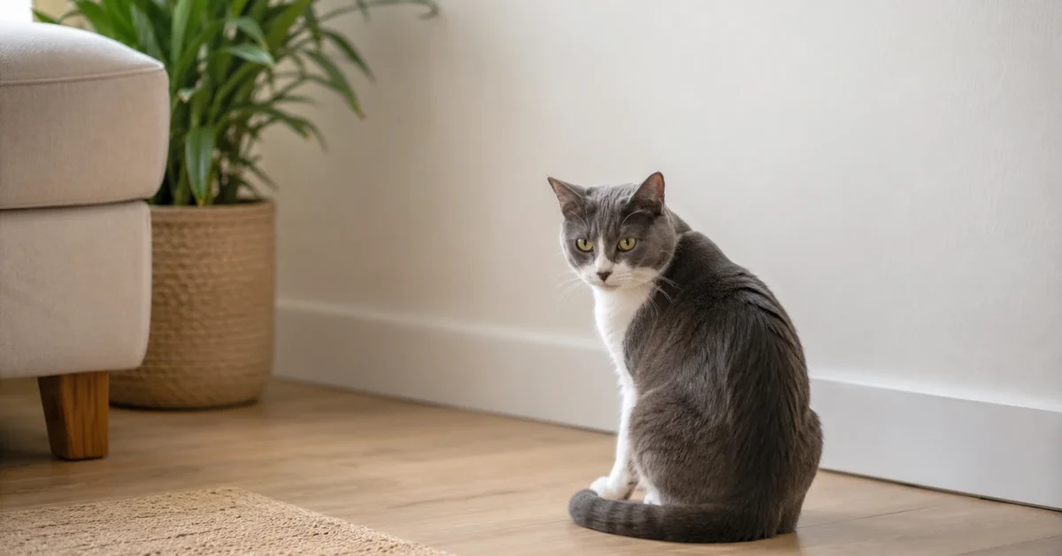 Grey-and-white cat sitting alert in a calm home corner with space around them.