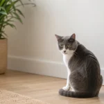Grey-and-white cat sitting alert in a calm home corner with space around them.