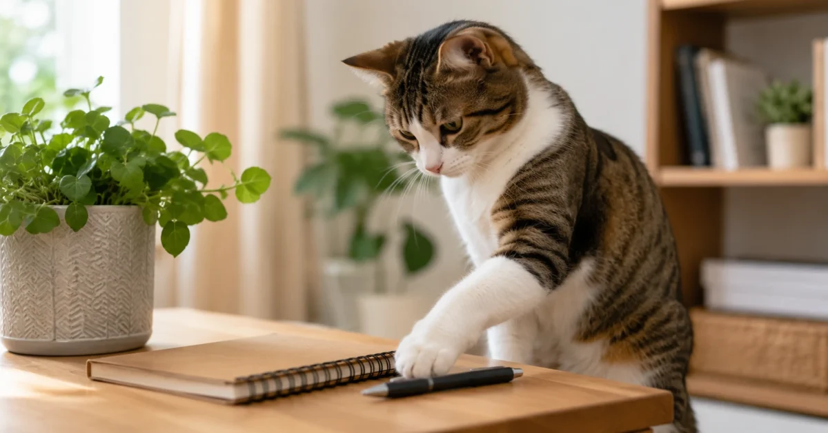 Cat gently pawing at a small object on a tidy table.