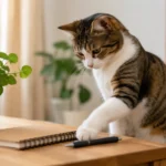 Cat gently pawing at a small object on a tidy table.