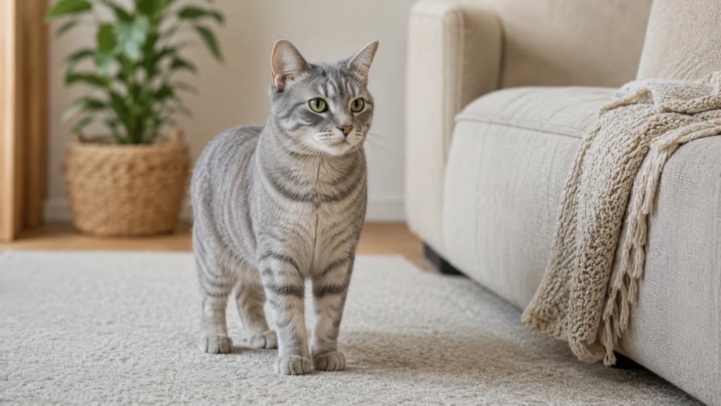 Silver-grey cat standing calmly on a soft rug in a warm neutral home, looking alert and relaxed.