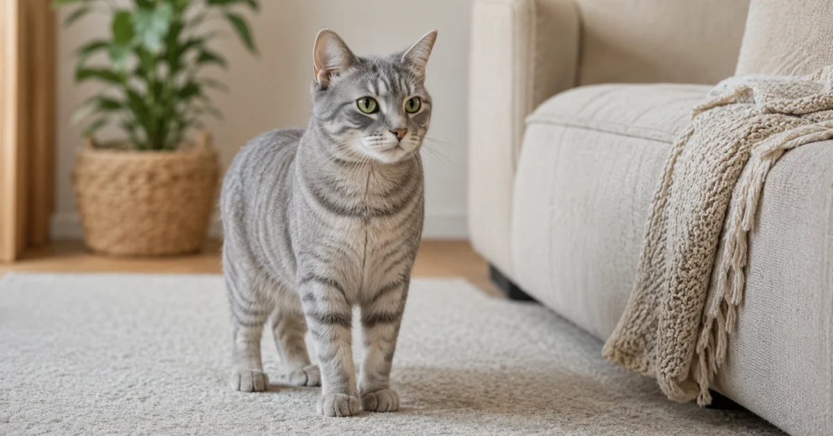 Silver-grey cat standing calmly on a soft rug in a warm neutral home, looking alert and relaxed.