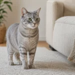 Silver-grey cat standing calmly on a soft rug in a warm neutral home, looking alert and relaxed.