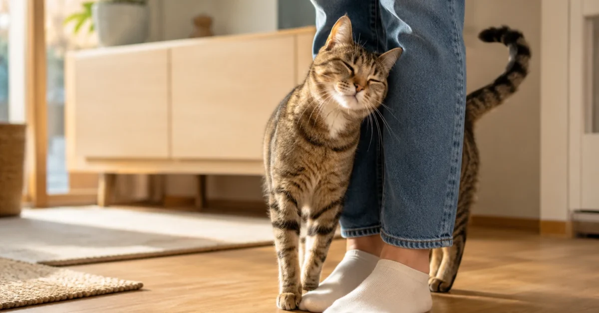 Cat rubbing against its owner’s leg in a cozy home
