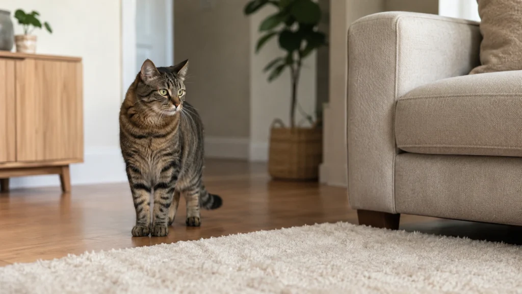 A cautious brown tabby cat standing a short distance from a sofa in a calm home.