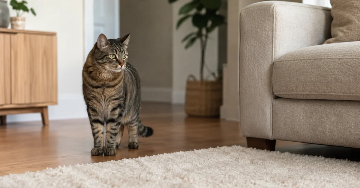 A cautious brown tabby cat standing a short distance from a sofa in a calm home.