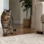 A cautious brown tabby cat standing a short distance from a sofa in a calm home.