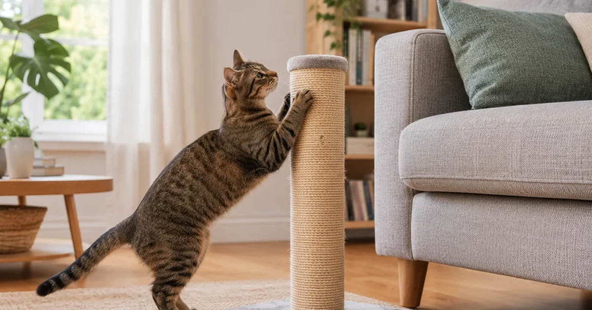 Cat sitting beside a sofa and scratching post in a tidy living room