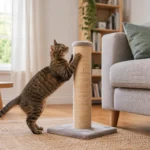 Cat sitting beside a sofa and scratching post in a tidy living room
