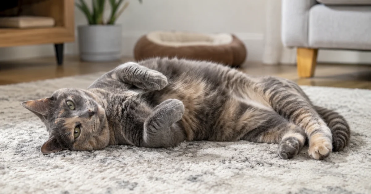 Relaxed cat lying on its side with belly partly visible.