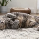 Relaxed cat lying on its side with belly partly visible.