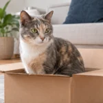 Dilute calico cat sitting calmly in a cardboard box in a warm home setting.