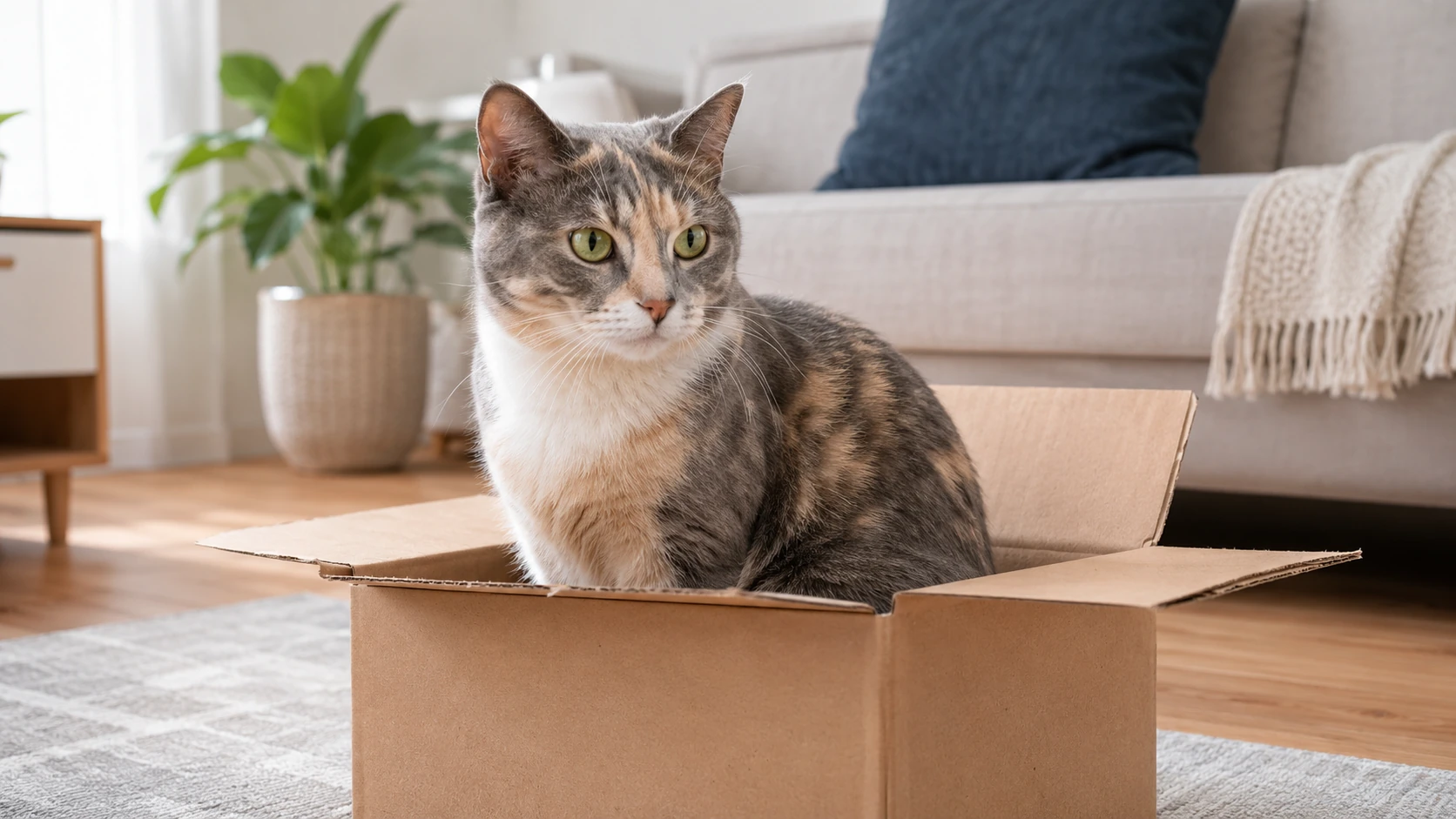 Dilute calico cat sitting calmly in a cardboard box in a warm home setting.